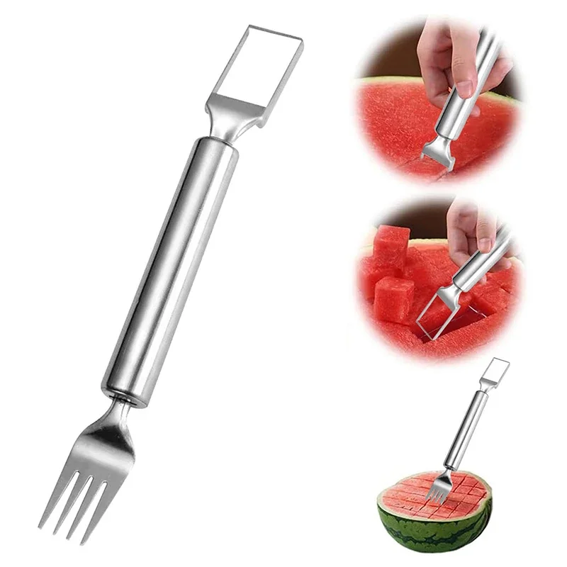 Cortador de frutas 2 en 1 de acero inoxidable, herramienta de doble cabezal para cortar y rebanar sandía, utensilio de cocina para el hogar, cortador de melón en cubos