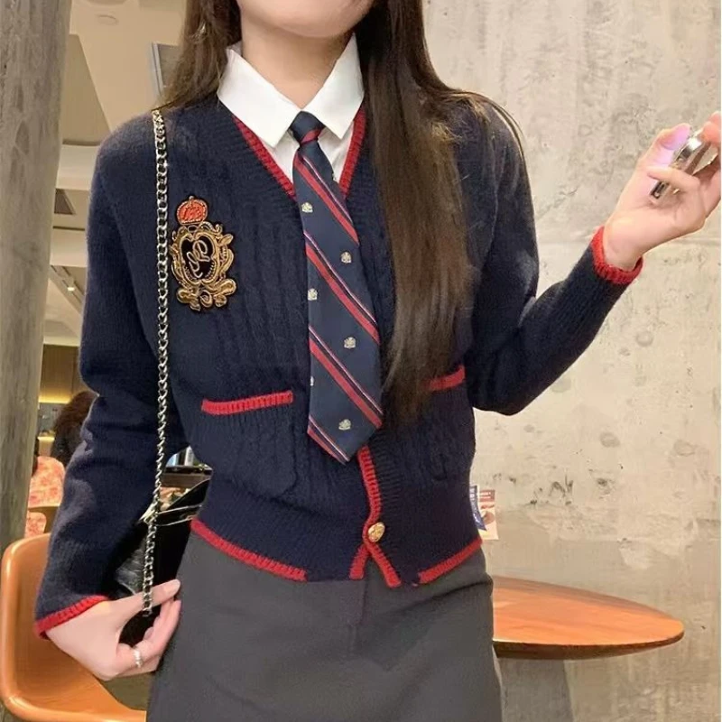 

European Retro Fake 2 Piece Knitted Cardigan Retro Edge V-neck Winter Autumn Slim Sweater Coats Korean Y2K Elegant Office Lady