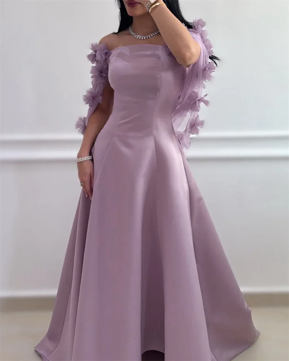 

Customized Purple Off Shoulder Appliques 3 D Flowers Prom Dresses A-Line Sleeveless vestidos de noiva Evening Dress 2025