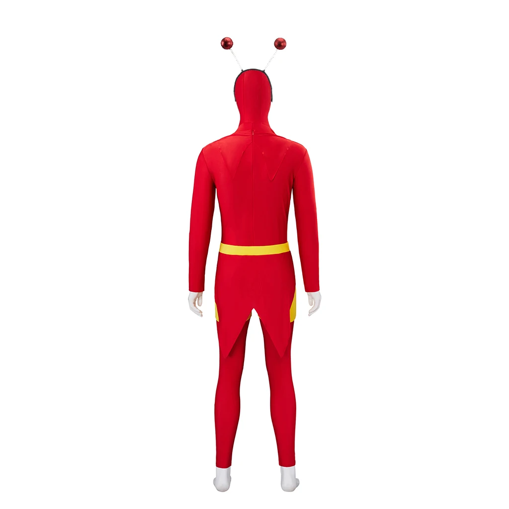 Cosplaydiy El Chapulin Colorado Costume Red Bodysuit CH Heart Printed Halloween Cosplay Outfits for Adults Mens Hoodie Jumpsuit