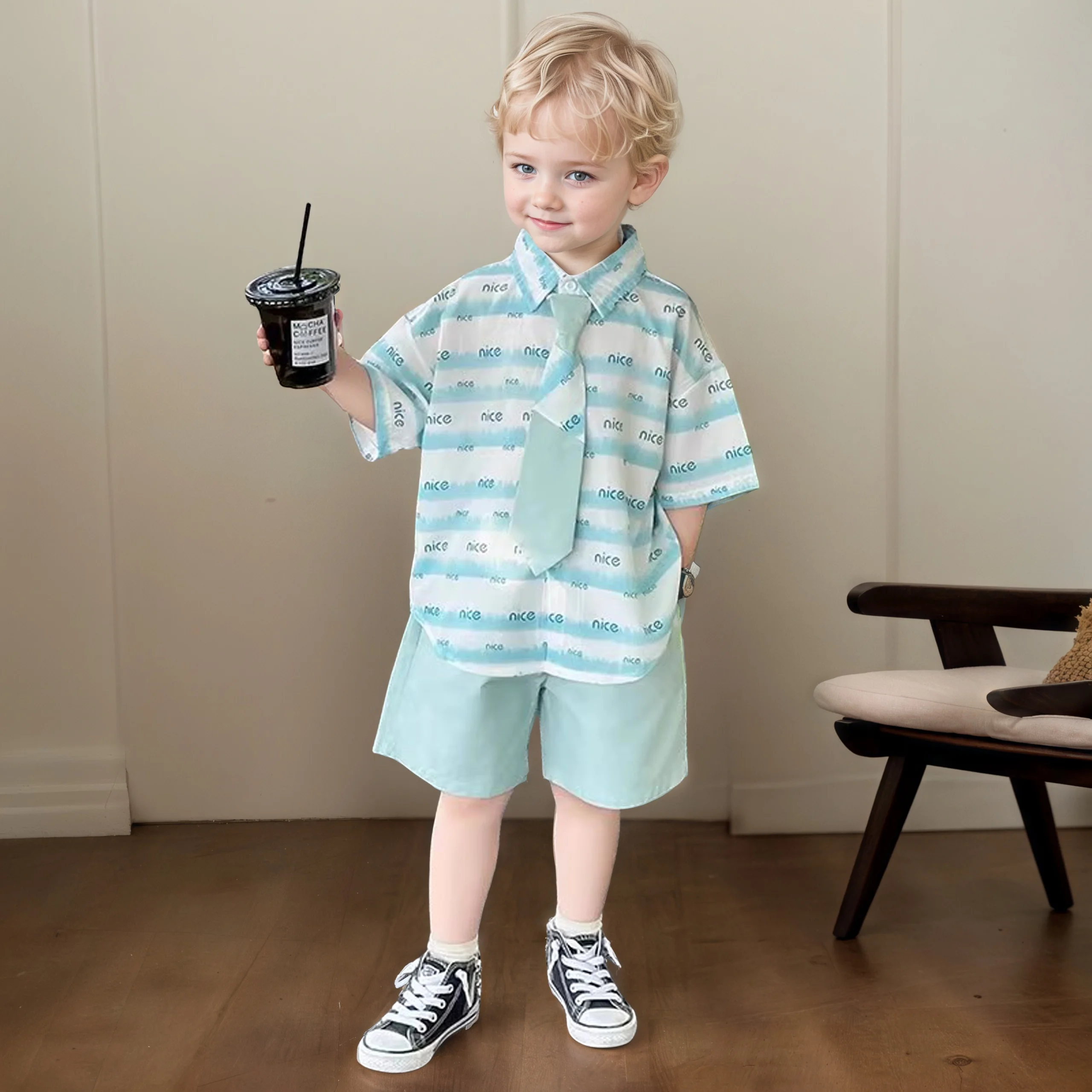 Elegant Summer Formal Flower Boy Clothing Set Kids Wedding Party Shirt Shorts Tie 3 Pieces Clothes Outfit Child Uniform Suit