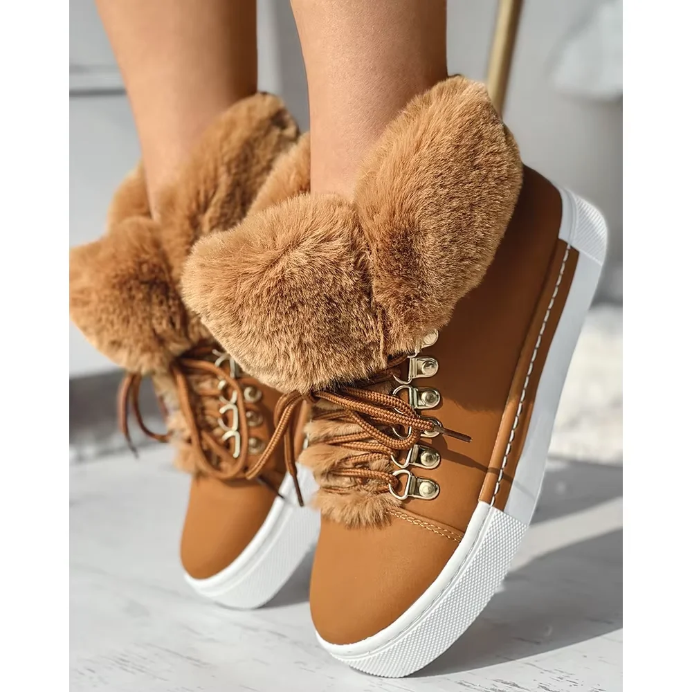 Winter Women Lace-up Fuzzy Lined Ankle Boots Casual Colorblock Round Toe Flat Ankle Snow Boots Daily Korean Style