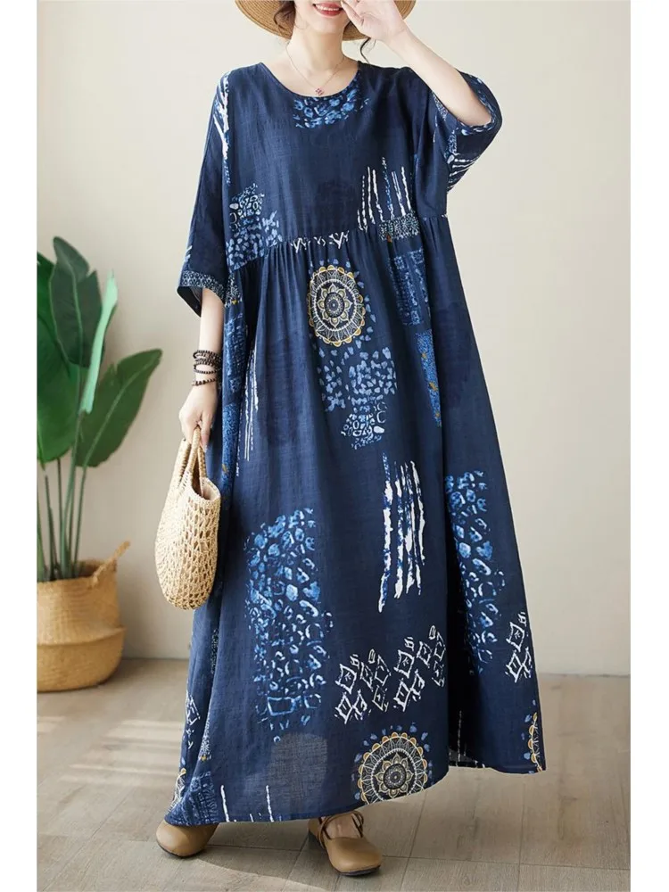 Oversized Summer Cotton Linen Long Dress Women Floral Print Ruffle Fashion Loose Pleated Ladies Dresses Casual Woman Dress