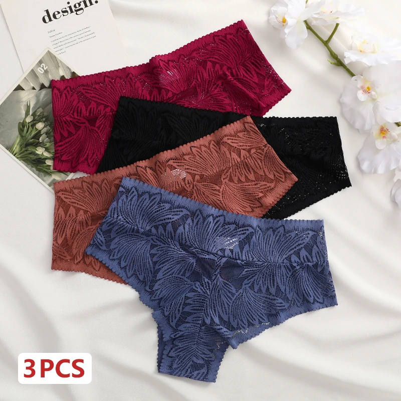 3 pz/set pizzo scava fuori biancheria intima da donna sexy mutandine a vita media tinta unita prospettiva slip ragazze lingerie casual traspirante