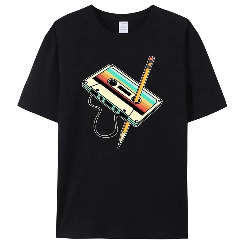

2025 New Trend Men's short-sleeved 80s cassette tape pencil retro music 100% pure cotton T-shirt clothing top