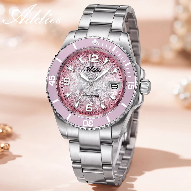 ADDIES New AW25914 Elegant Women’s Watch Date Display Japan GM12 Ceramic Bezel Watches 5Bar Waterproof BGW9 Luminous Wristwatch