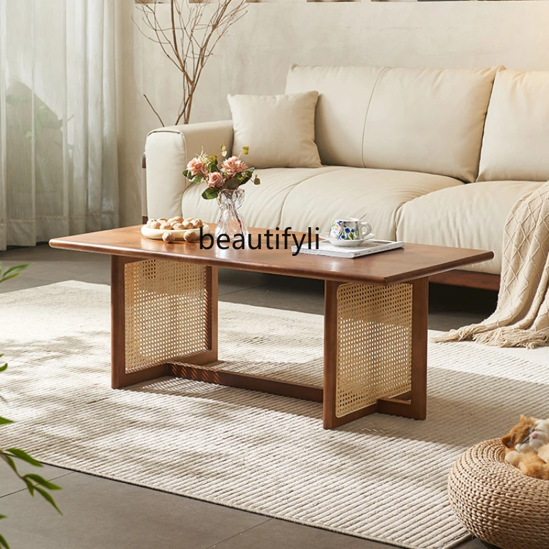 

Solid Wood Tea Table Rectangular Home Small Coffee Table Living Room Rattan Log Bed & Breakfast Furniture Retro Japanese Style