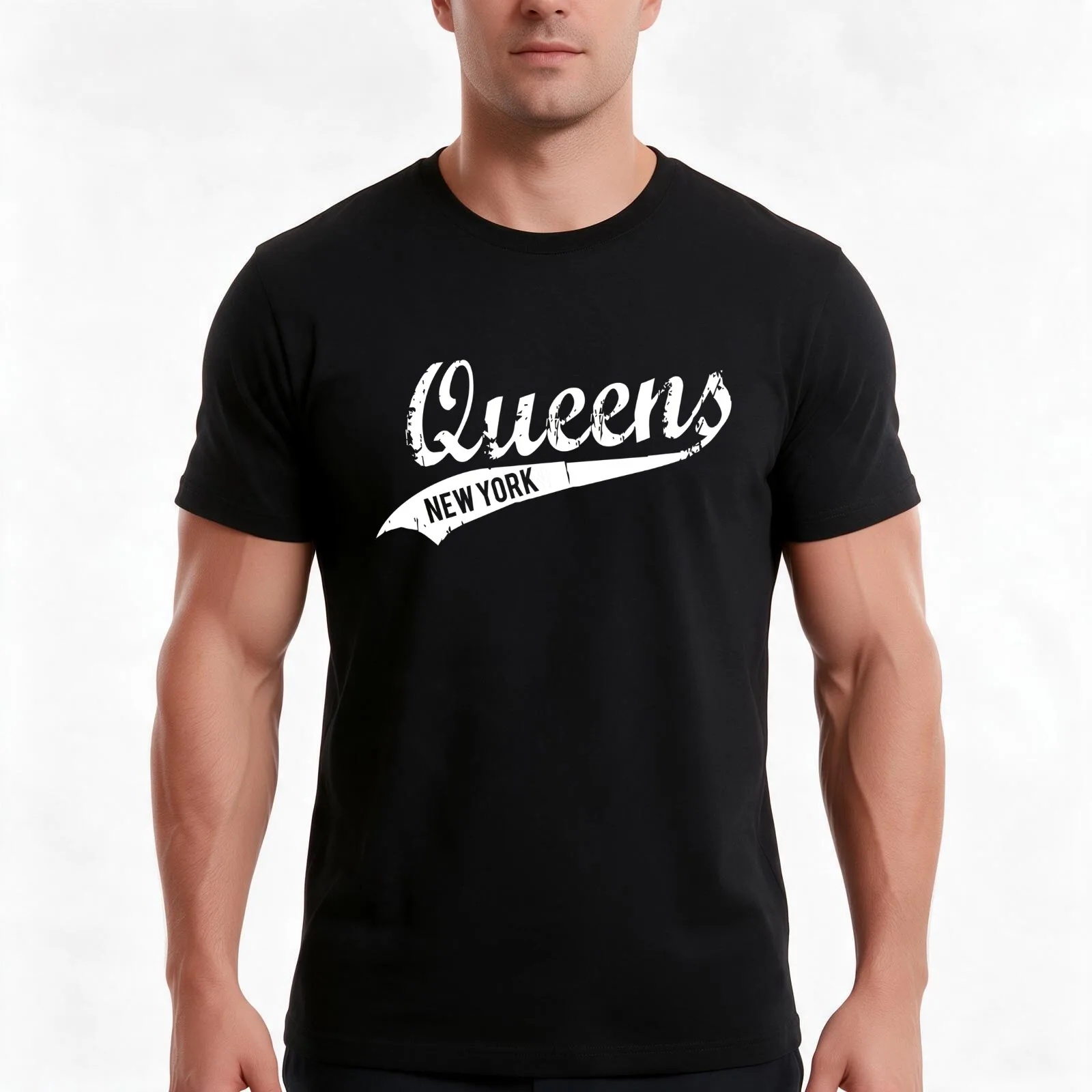 Queens New York Distressed Typographic Letter Design T-Shirt Summer Casual Cotton Tee Oversized Streetwear Tops 100% Cotton