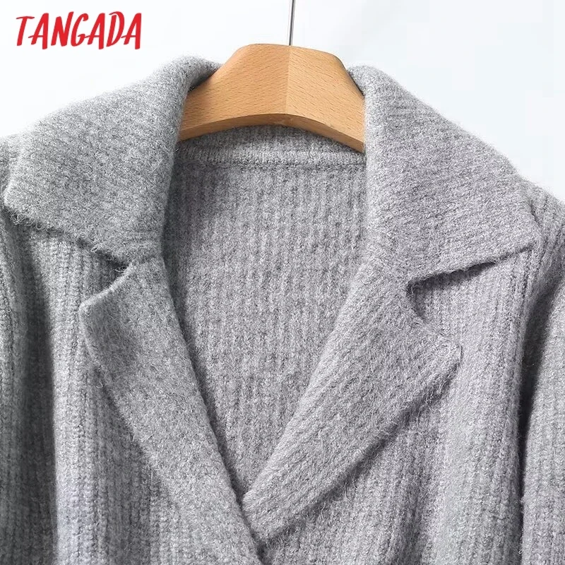 Tangada Women Solid Gray Crop Cardigan Sweaters Female Thick Jumper Outwear 4C304