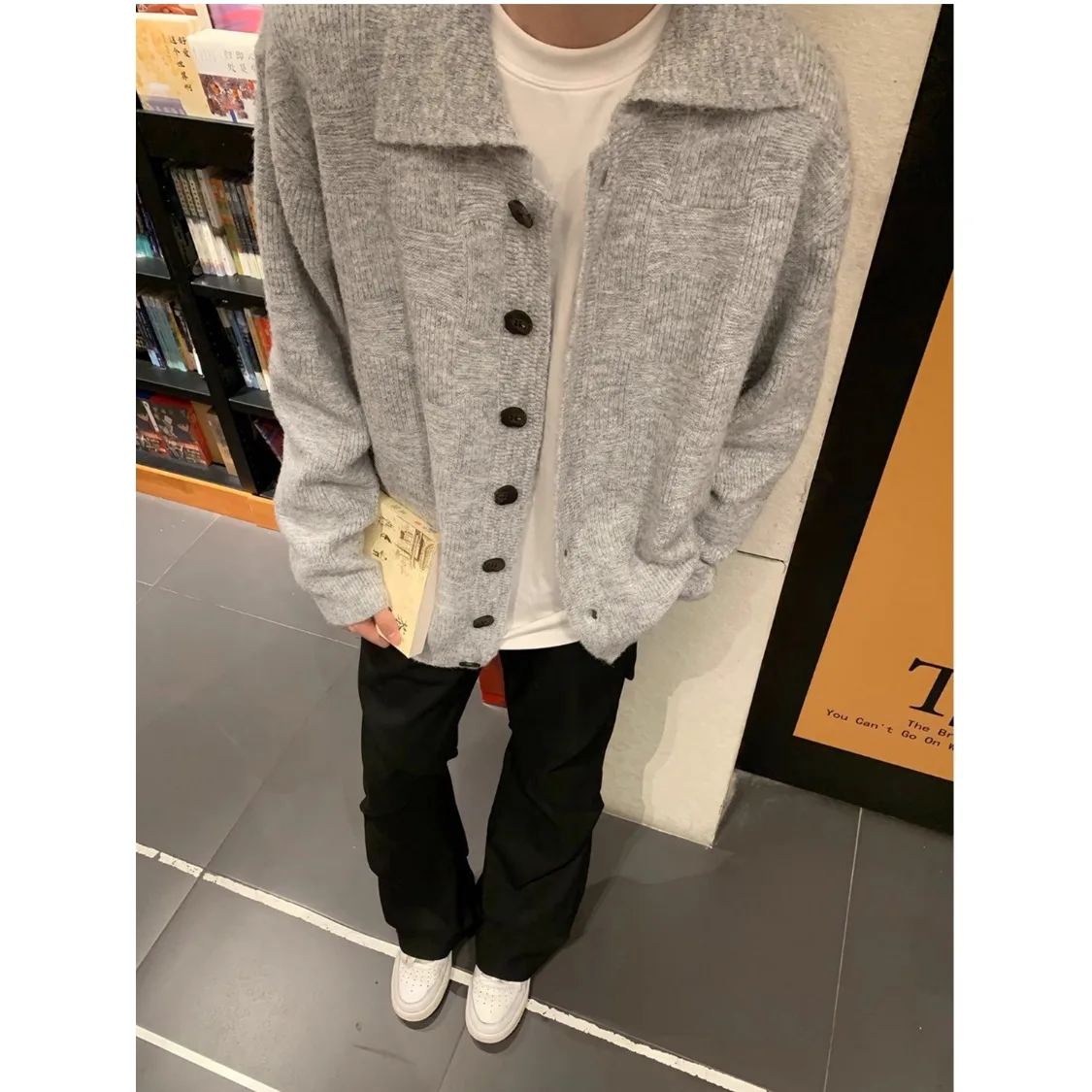 

Свободный крой, вязаный кардиган, мужской осенне-зимний модный повседневный верхняя одежда, свитер с воротником-глазом, корейская уличная одежда