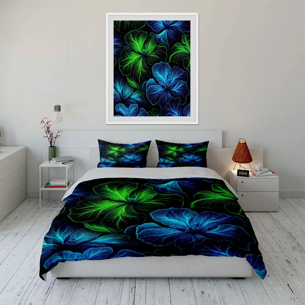 

Neon Hibiscus Bedding Set, Glowing Blue and Green Tropical Flower Print Duvet Cover + 2 Pillowcases, Hawaiian Floral Decor