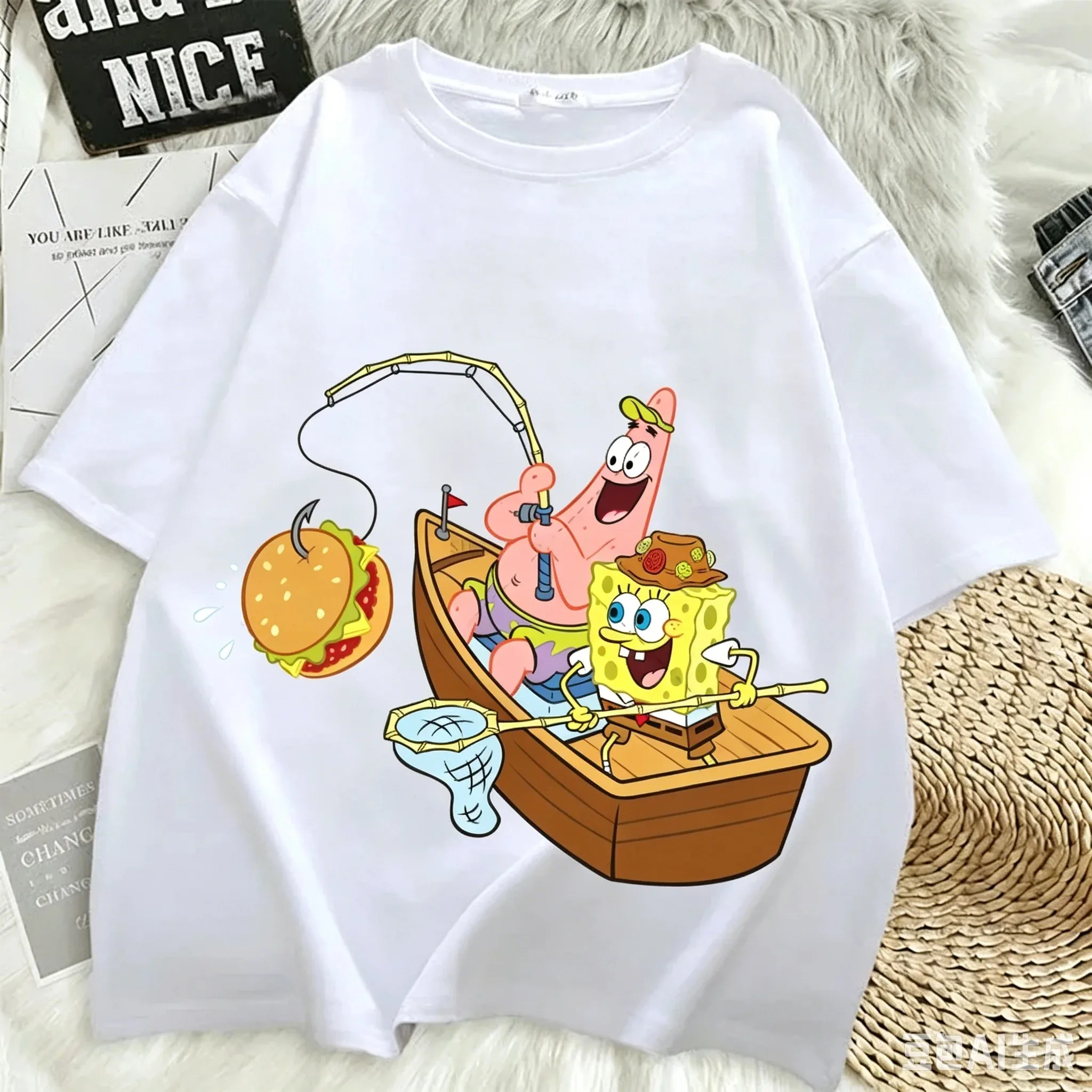SpongeBob Schwammkopf T-Shirt Patrick Star Fischerboot-Print Tee Sommer Unisex Harajuku Streetwear Lustiges Cartoon-Oberteil – Detail 2