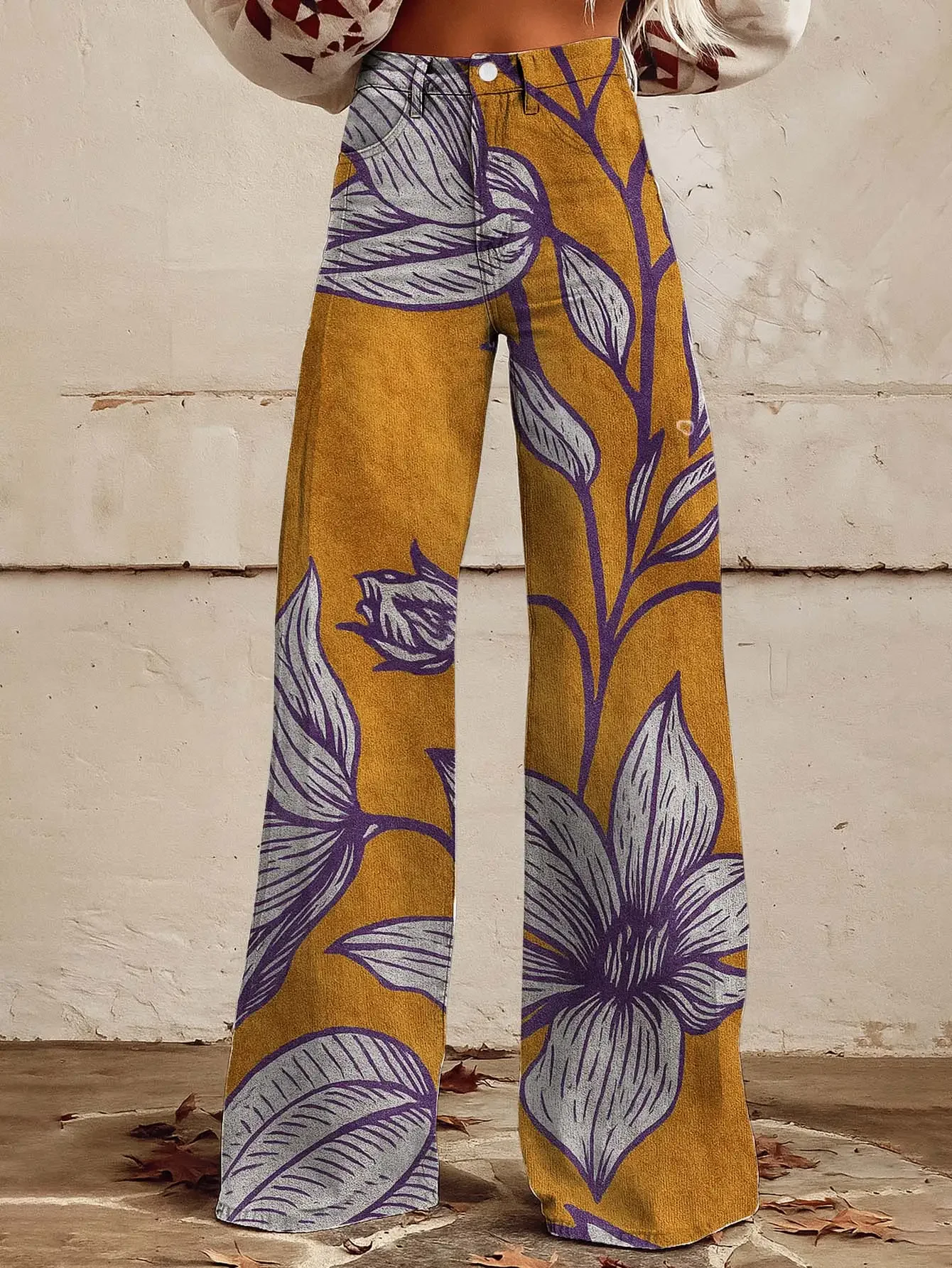 

Women's new printed jeans with denim like fabric, Romantic retro floral print loose trumpet imitation jeans