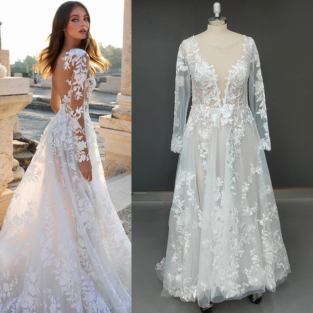 Robe de Mariée en Tulle Brodée à Manches sulf, Tenue Personnalisée, Dos aux, Dentelle, Maille, Col en V, Grande Taille, pour Patients de Luxe