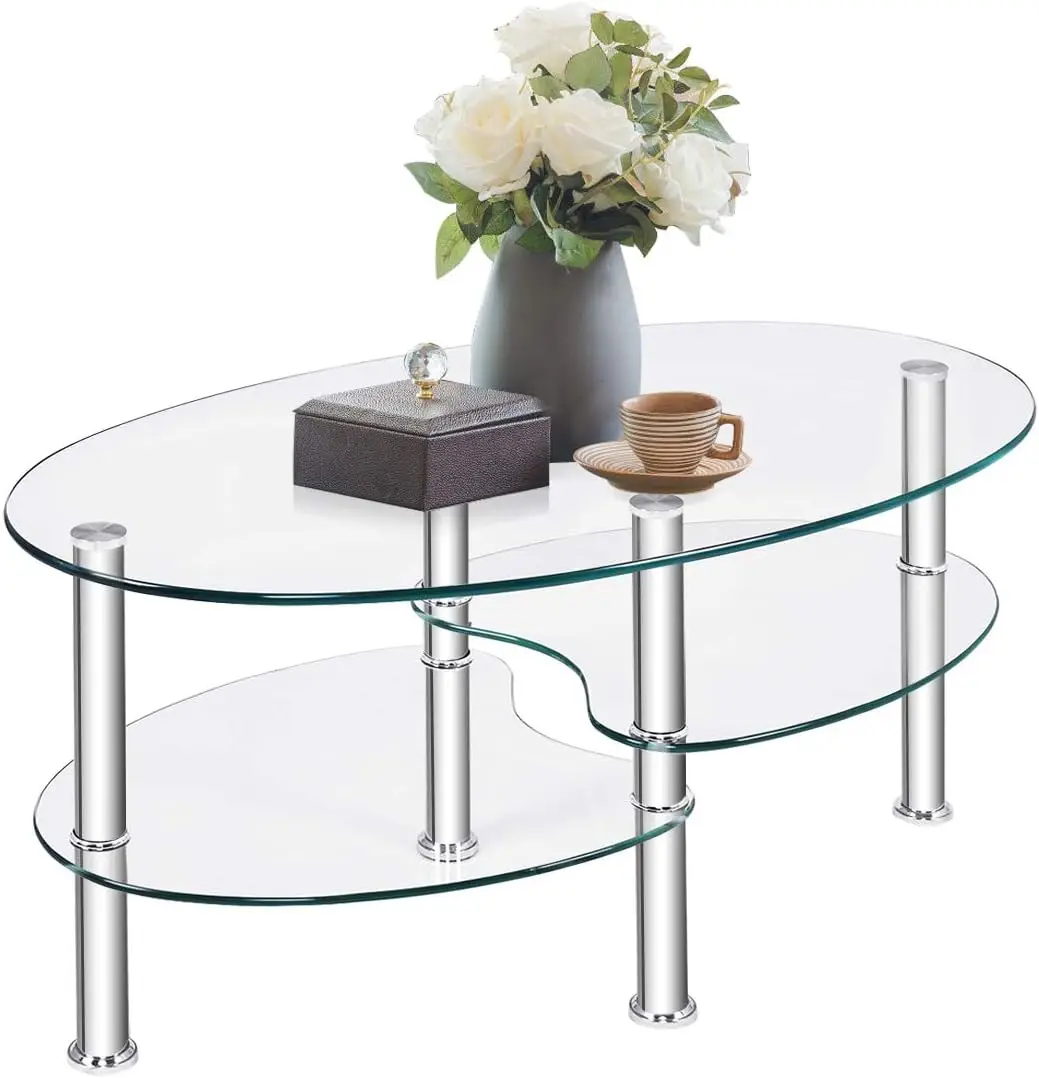 

Glass Coffee Table, Modern Furniture Decor 2-Tier Modern Oval Smooth Glass Tea Table End Table for Home Office with 2 Tier