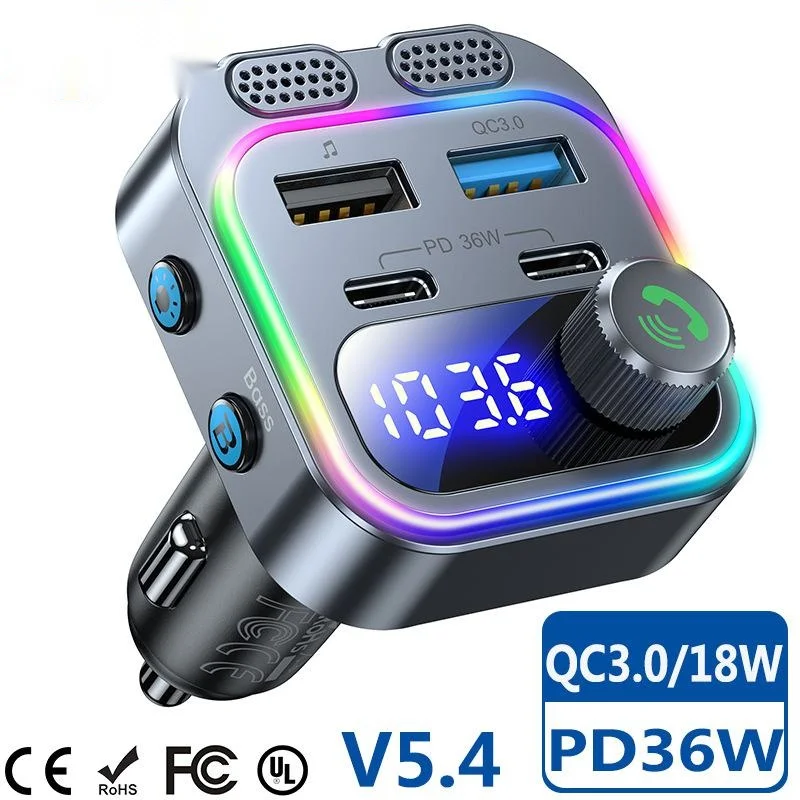 

T37 Car MP3 Player Dual Type-C Port PD36W Fast Charge Bluetooth 5.4 FM Transmitter Automotive Multimedia Player Car Kits