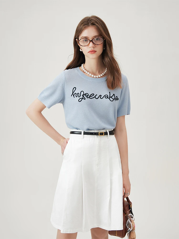 FSLE Women Summer Knitwear Blue Short Sleeve Female Round Neck Knitted T-Shirts Letter Embroidery Design Women Tees 24FS12889