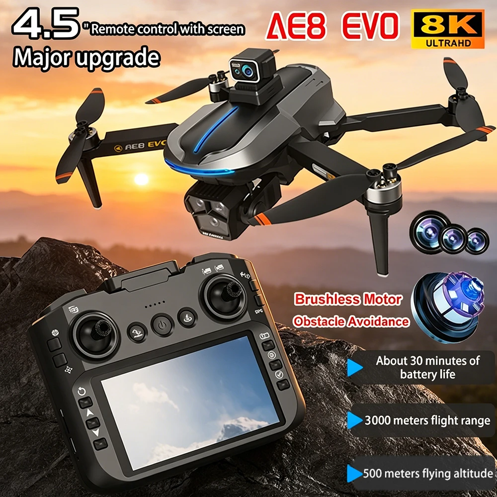 AE8 EVO Drone 4K Professional 5G GPS HD Three Camera Photography Brushless 360 ° Obstacle Avoidance Foldable Quadcopter Dron Toy