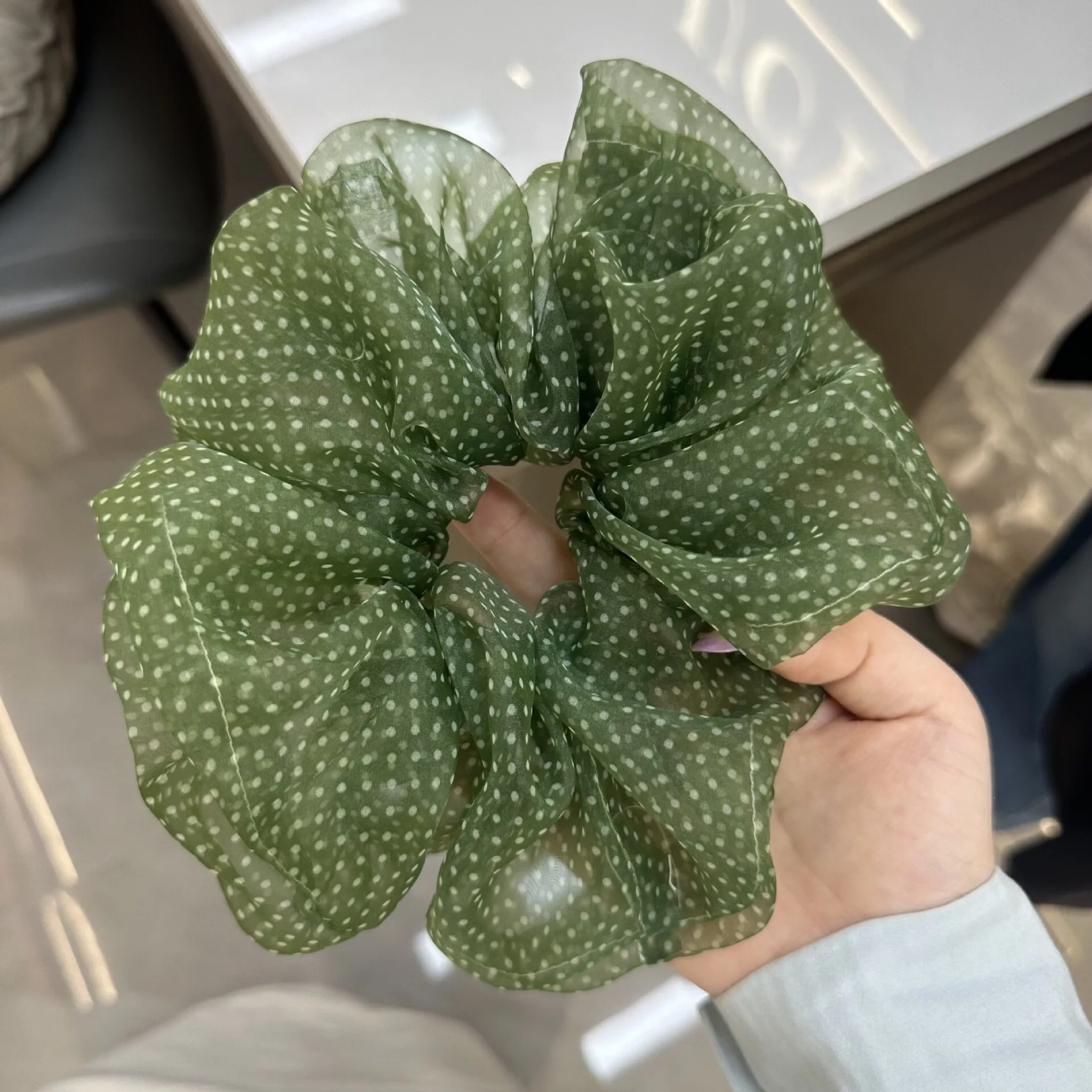 Summer polka dot green scrunchie hair tie, fashionable and unique updo hair accessory, durable and won't damage hair.