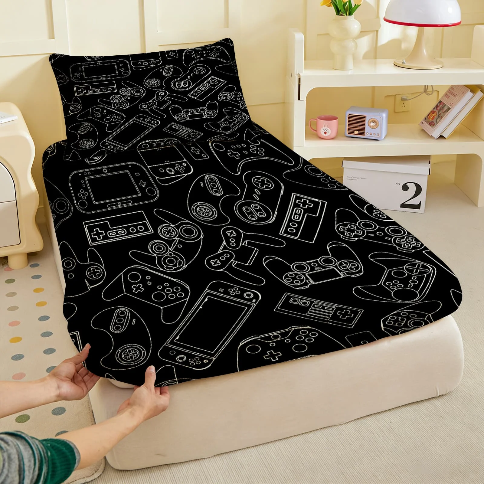 1pc White Video Game Controllers Print Fitted Sheet Deep Pocket Elastic Mattress Cover Single Double Queen King Bedroom Decor
