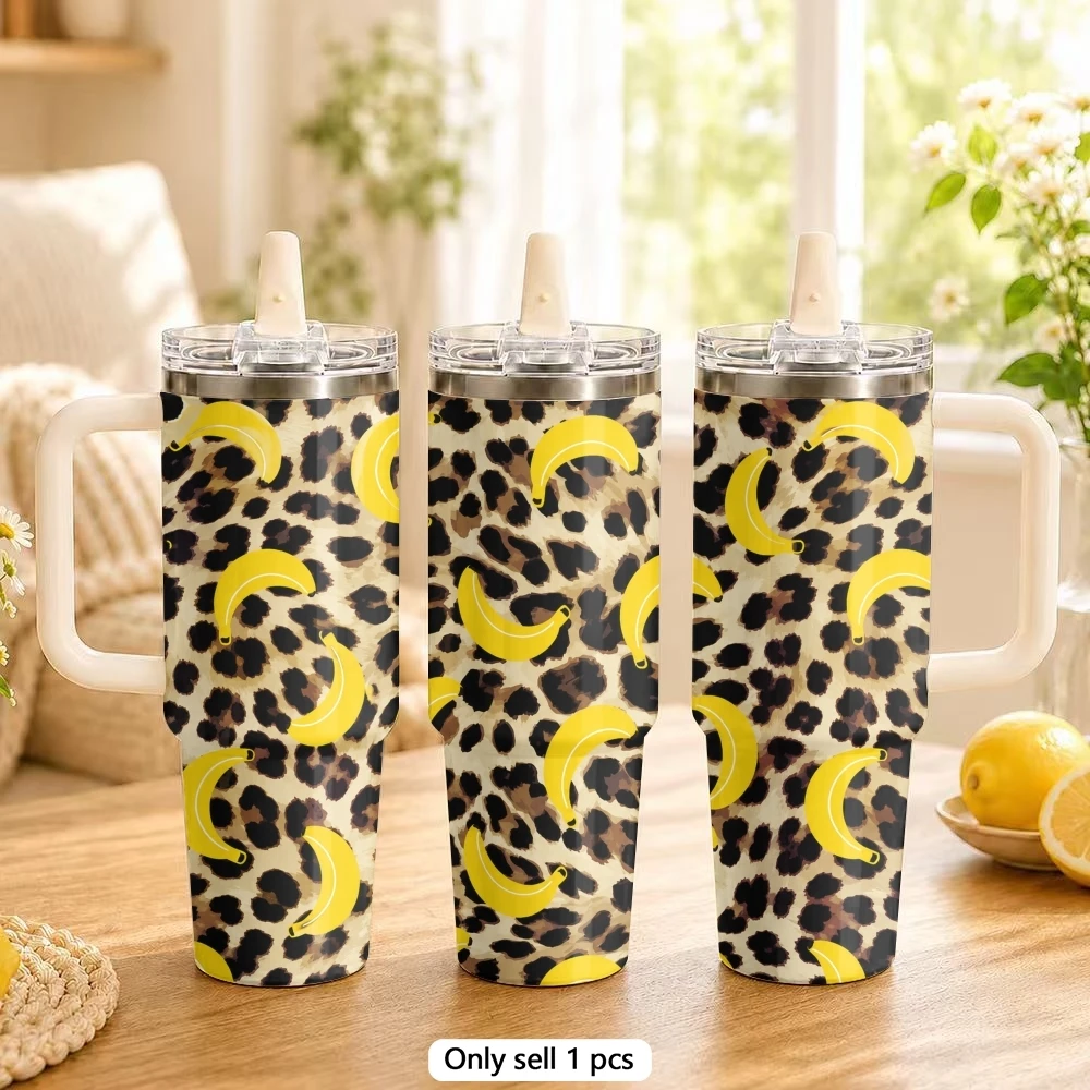 Leopard-Print Fruit Vacuum Flasks 40oz Stainless Steel Tumbler with Handle Straw Lid Vacuum Insulated Double Wall Leak Proof