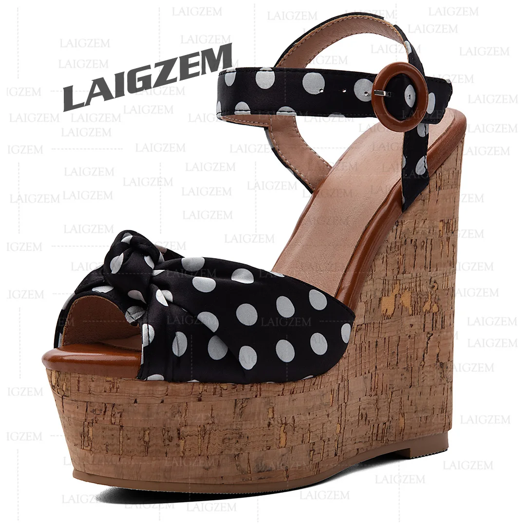 LAIGZEM Women Sandals Platform Wedges Polka Dots Ankle SrapPumps Party Handmade Female Shoes Woman Big Size 41 43 47 50 52