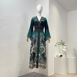 2024 Spring V-Neck Green Long Sleeve Diamonds Midi Dress