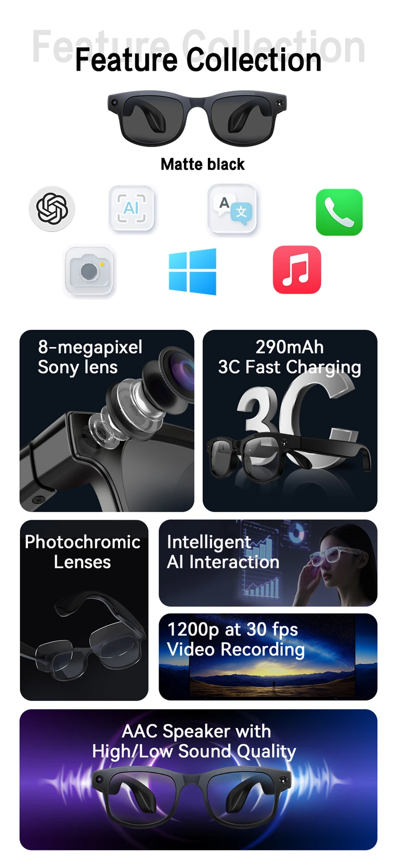2026 AI Smart Glasses 8MP HD Camera 8K Shooting AI Real-time Translation with Bluetooth 6.0 Earphones Call Recording Music NEW