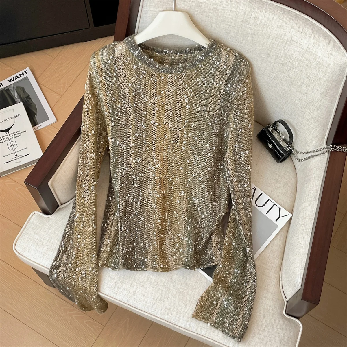 Pullovers Women Sweaters Sequins Round Neck Full Sleeve Jumpers Y2k Streetwear Elegant Knit Work Casual Loose Spring 2026