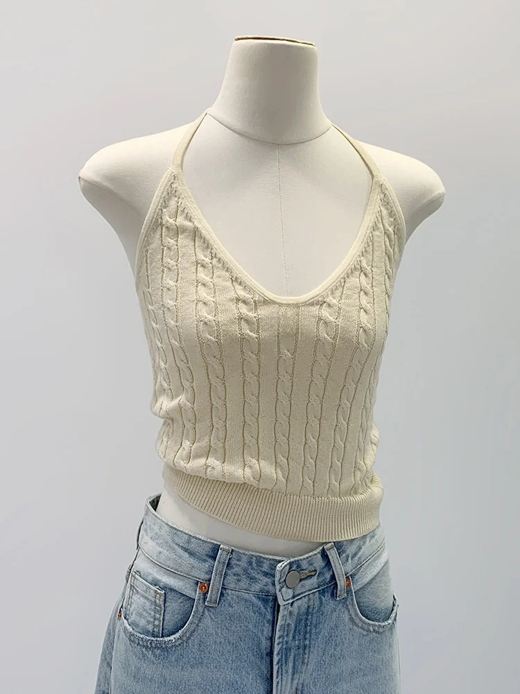 American Retro Twisted Neck Sleeveless Knitted Strap Women's Beautiful Summer New Style Small Vest Top Casual Backless Pure C...