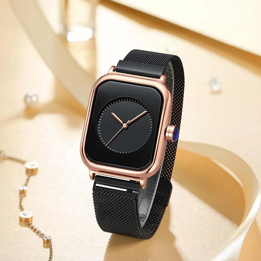 

VA VA VOOM Brand Women Square Watch Stainless Steel Mesh With Quartz Movement Rose Gold Minimalist Women Dress Wristwatch