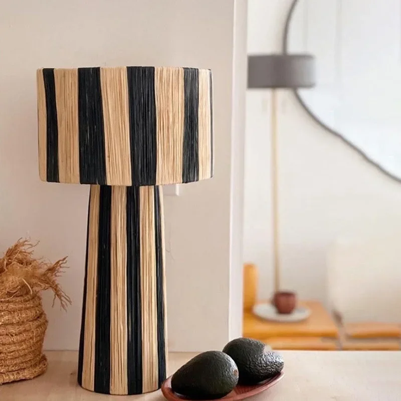 Japanese Traditional Straw Woven Desk Lamp Southeast Asian Style Room Decoration Floor Lamp Bedroom Headboard LED Lights