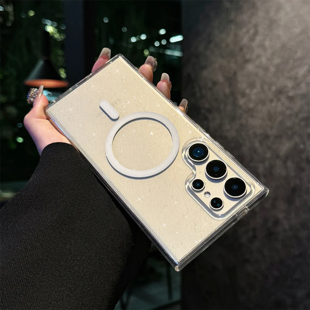 Funda de teléfono magnética transparente con purpurina súper dura para Samsung Galaxy S25 Ultra S24FE S23 S22 Funda protectora delgada Funda S23