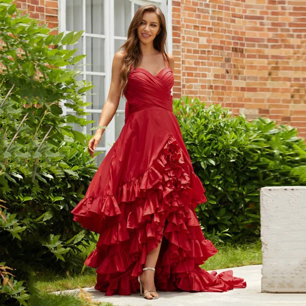 

Sexy Red Long Evening Dresses Princess Sweetheart Taffeta Pleated A-Line Asymmetrical Side Slit Backless Formal Prom Party Gowns
