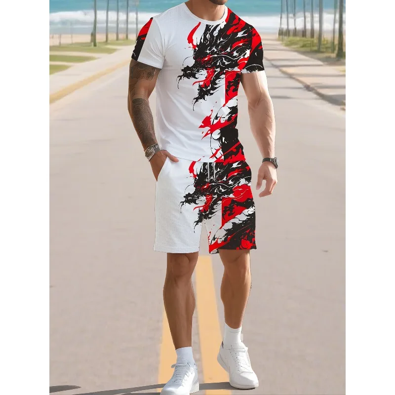 

2025 Summer New Trend Casual T-shirt Creative 3D Digital Printing Round Neck Short Sleeved Shorts Set Retro Men's Fashion