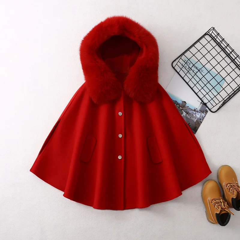 Winter 2022 New Girls Woolen Coat Woolen Cape Fox Fur Collar Kids Jacks for Girls Baby Girl Winter Cloths Girls Coat