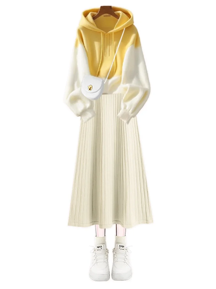 

Осенний комплект большого размера Ele, женский вязаный свитшот с капюшоном для похудения, высококачественный комплект из двух предметов Dr, модная повседневная одежда