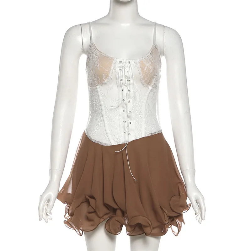 SylCue Lace Patchwork Mini Dress Woman Low-Neck Shirring Design Backless Fluffy Ruched Hem 2026 Spring New Style Elegant Bodycon