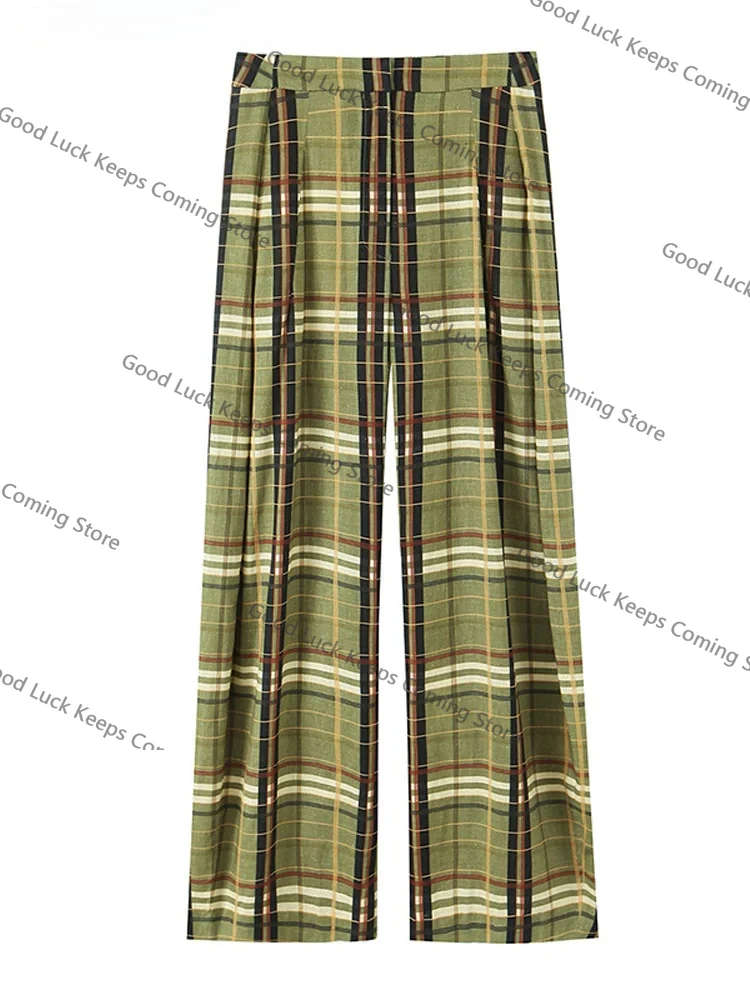 Fashion Panelled Plaid Pants Women's Loose High Waist Straight All-match Long Trousers 2025 Autumn New Ladies Casual Streetwear