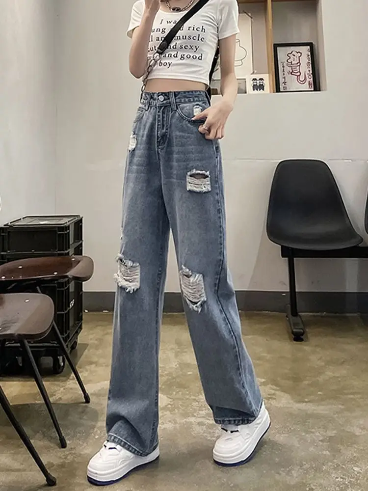 Perforated Wide Leg Jeans for Women\'s Summer Thin Style 2024 New High Waisted Slim and Slim Fit Loose Straight Leg Pants