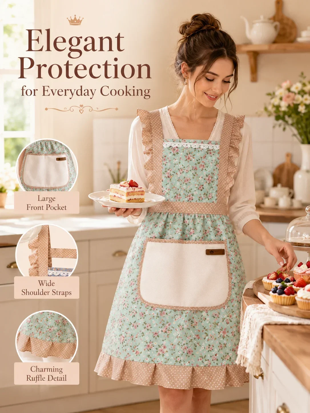 Women's Princess Back Buckle Apron, Kitchen Oil Proof Apron with Towel, Bib Apron with Large Pockets for Home