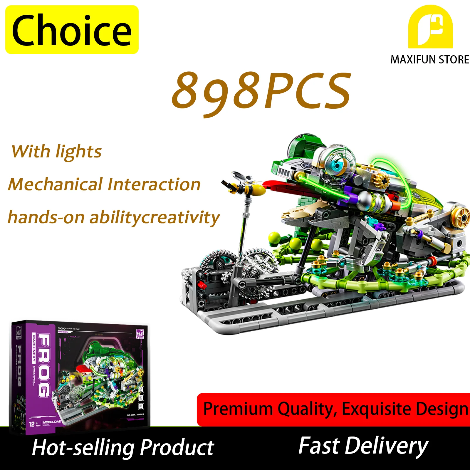 

898PCS New Mechanical Frog Building Blocks With Lights Movable Gears Simulated Creative Toy Ornament Exquisite Christmas Gift