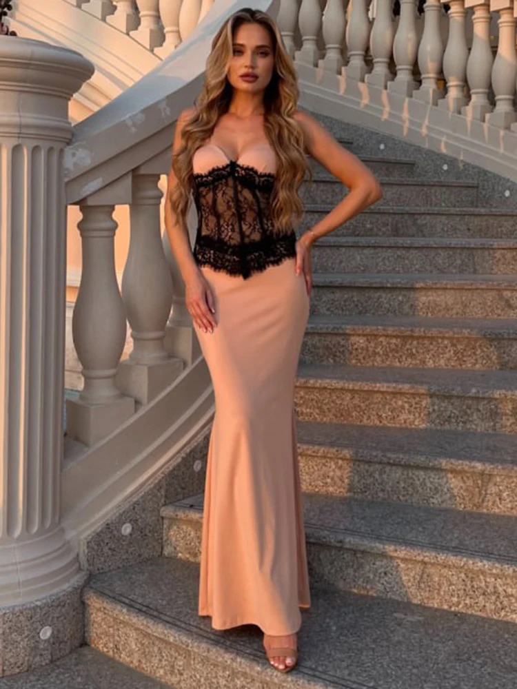 

Summer New Sleeveless Satin Lace Patchwork Bodycon Khaki Dress Black Lace Appliques Floor Length Mermaid Party Gowns 2025