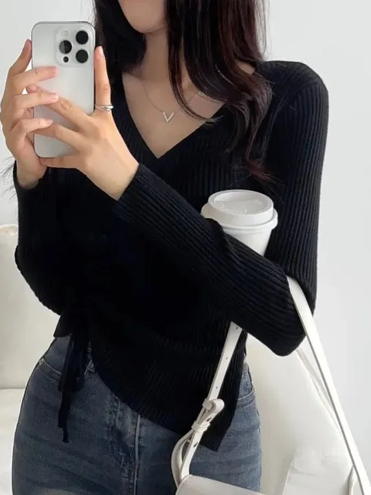 

Корейский вязаный свитер Sle Long Sve, женский облегающий свитер с V-образным вырезом, внутренняя и верхняя одежда, модный уникальный топ