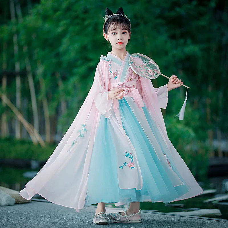 Children's Summer New Super Fairy Hanfu Chinese Style Kirt Long-sleeved Gauze Skirt Ancient Costume Little Flower Girl Dress