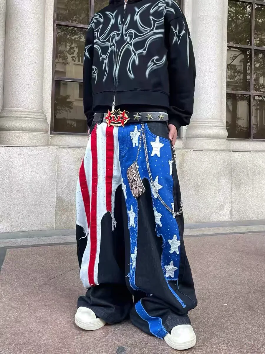 Calças Jeans Americanas com Listras e Apliques de Strass em Formato de Estrela, Largas e Soltas, para Homens e Mulheres, Calç...