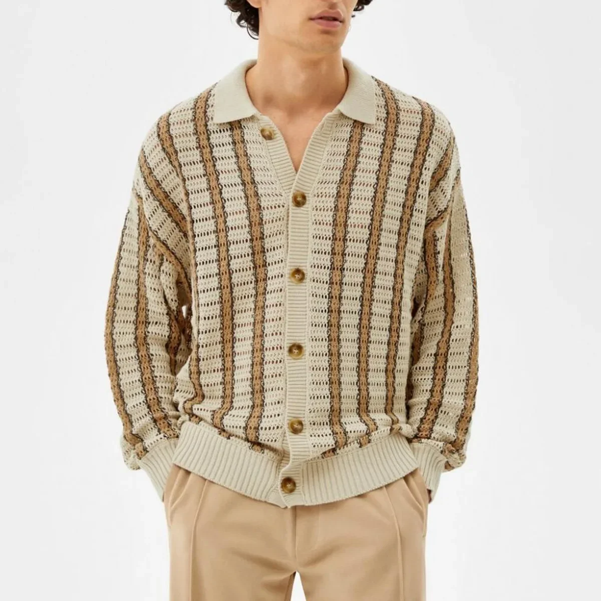 Men's Hollowed Out Striped Knitted Cardigan Versatile Contrasting Colors for Male Tops Knitwear