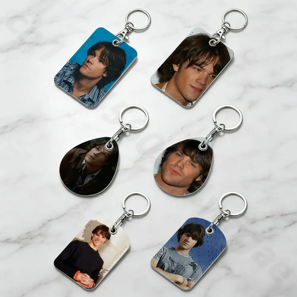 Sam J-Jared Padalecki Rectangle Card Case Keychain Access Card Bag Key Tag Ring Leather Card Holder Key Ring Access