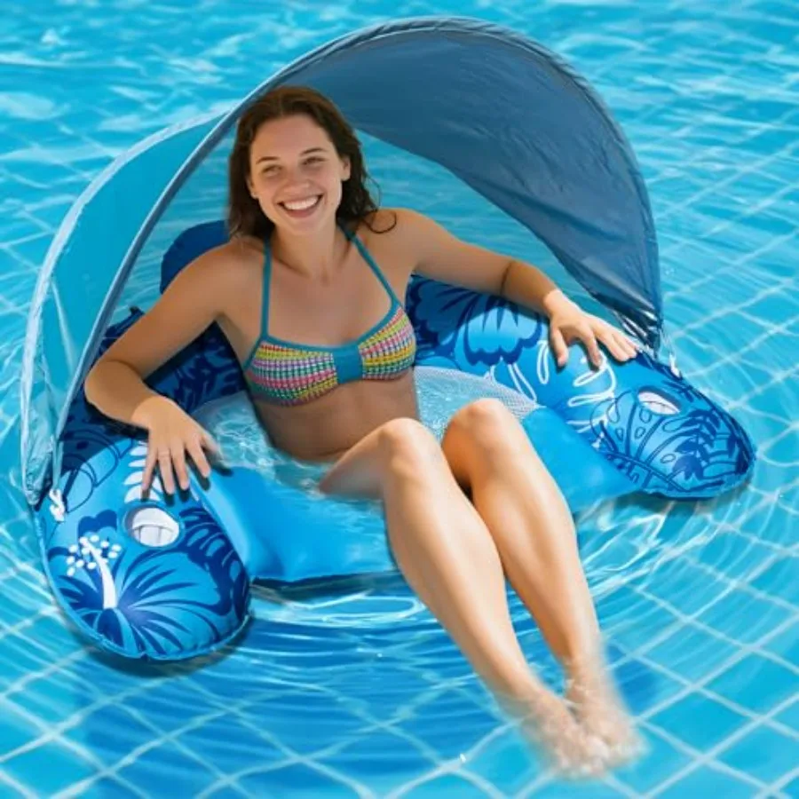 Inflatable Fabric Covered Pool Float for Adults: UV-Resistant Polyester, Navy Blue, UPF50+ Sunshade Canopy Dual Cup Holders