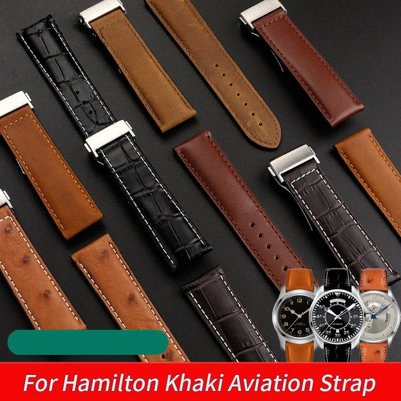 For Hamilton Khaki jazz Watch H32755851 cowhide Watch Strap Genuine Leather Ostrich skin WatchBand Folding Clasp men\'s Bracelet